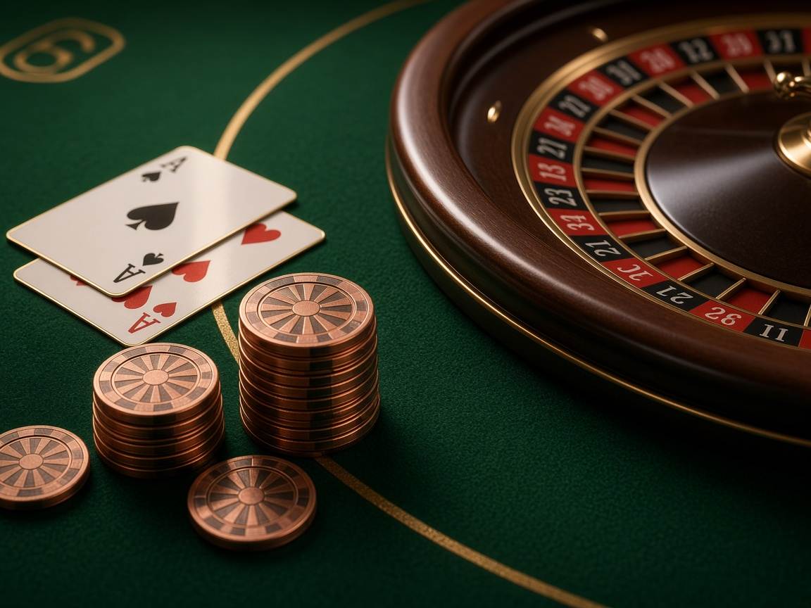Cards and roulette details on green felt